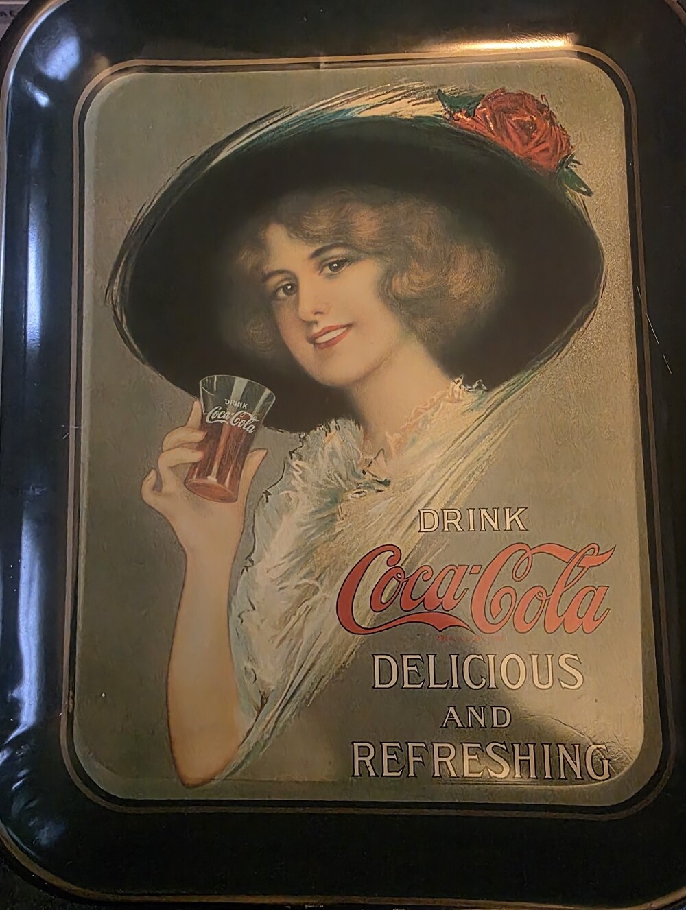 Coca-Cola Promotional Tray Featuring Woman in Black Hat with Red Rose